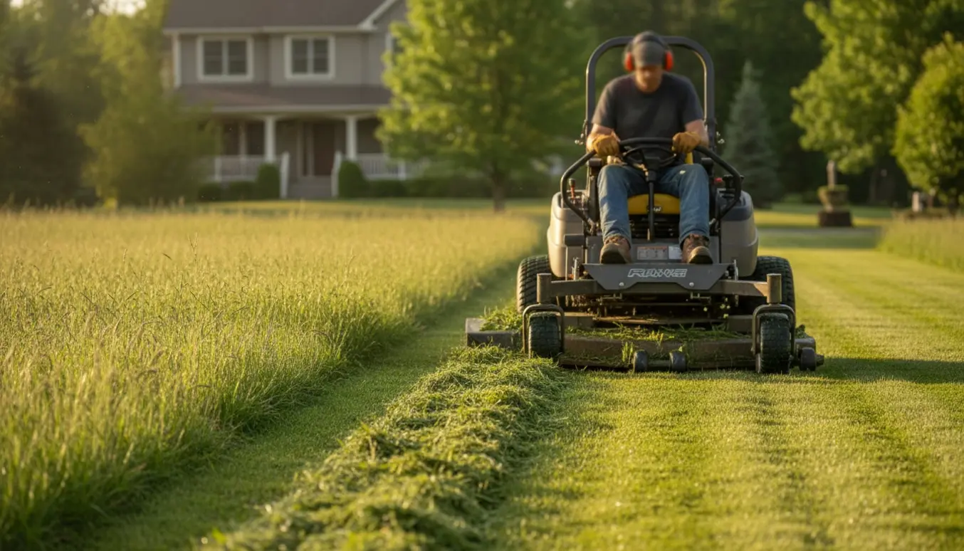 En ride-on-plæneklipper skærer gennem højt, tæt græs og efterlader en ren, stribet plæne.