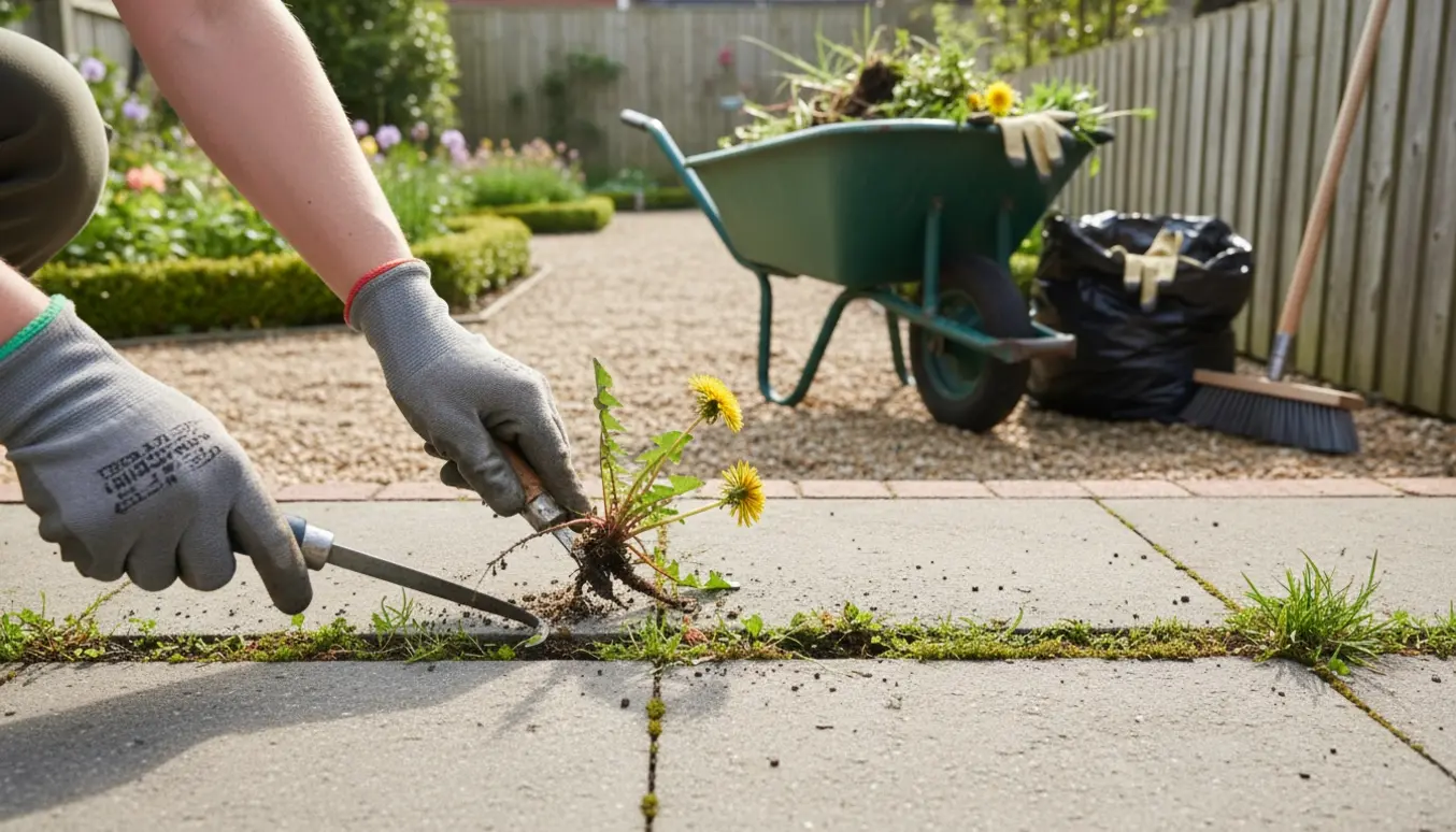 Hænder fjerner ukrudt mellem havefliser med værktøj, trillebør og fyldt pose i baggrunden.
