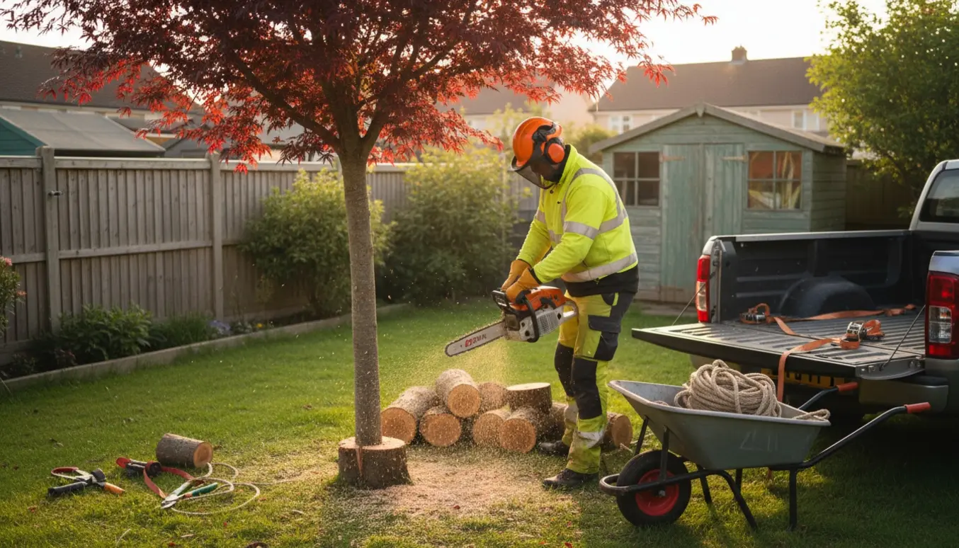 Person fælder et rødt træ i en villahave, med afsavede stammer klar til at blive læsset på en pick-up.