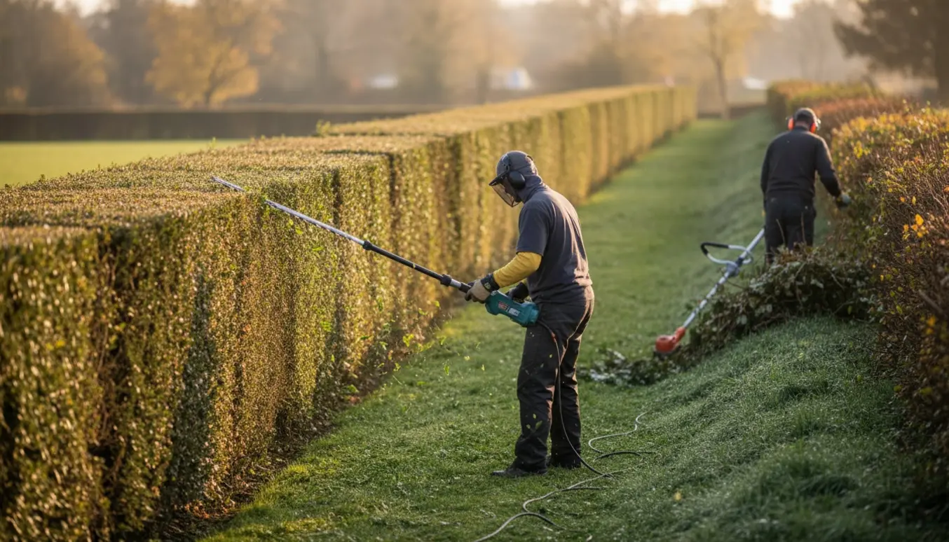 Elektrisk hækkeklipper trimmer top og side på en 30 m hæk i efterårssol med friske afklip ved en skrænt.