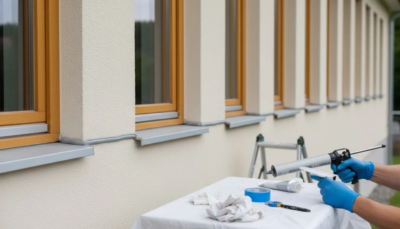 Hænder fuge lysegrå tætning på nyindsatte træ-alu-vinduer i stueetagen.