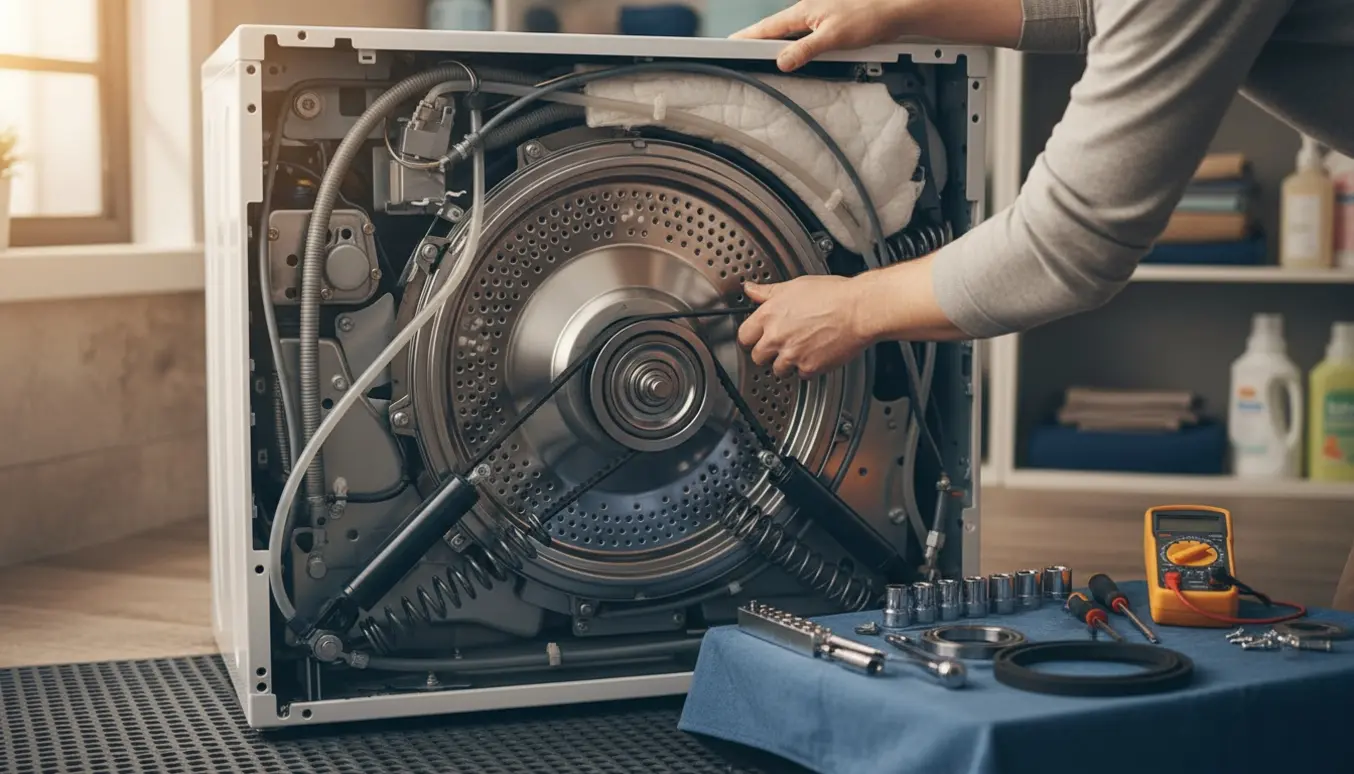 Vaskemaskine trukket ud med frontpanel fjernet og værktøj klar til reparation.