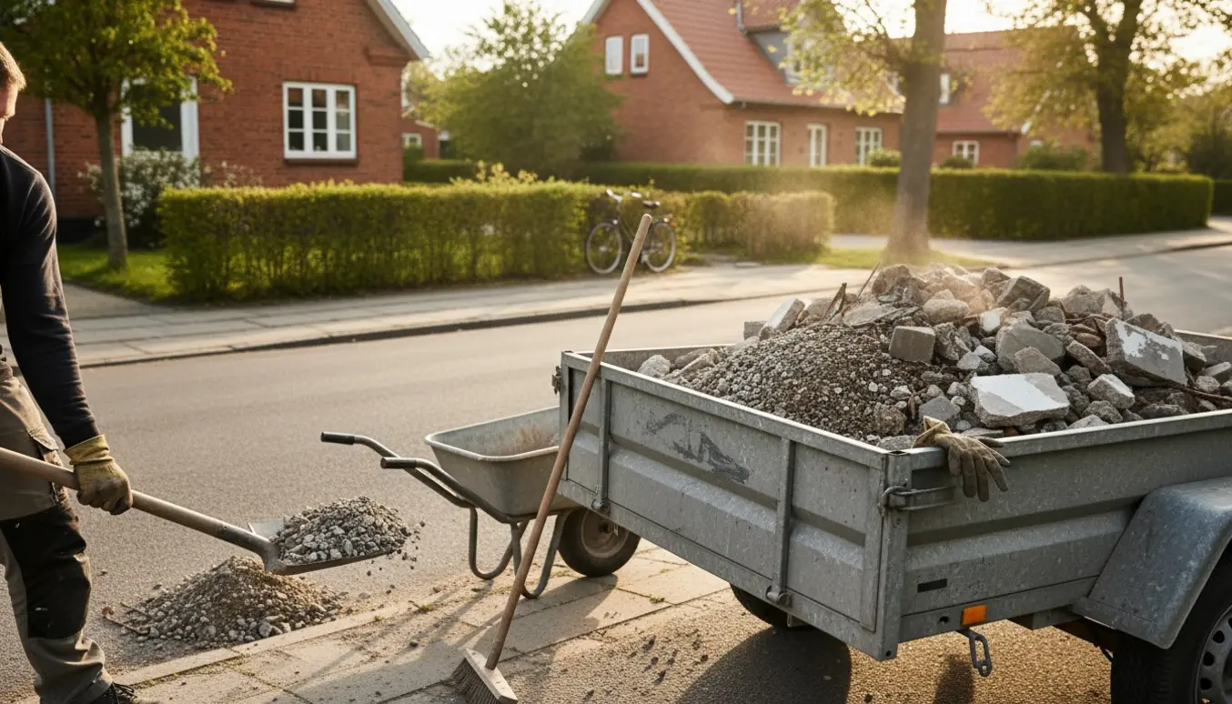 Åben trailer fyldt med beton- og grusaffald ved fortovet, en handske‑klædt hånd skovler materialet ind.