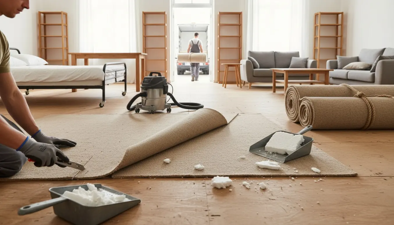 Delvist aftaget tæppe i to møblerede rum med ruller klar til storskrald og skumrester der skrabes væk.