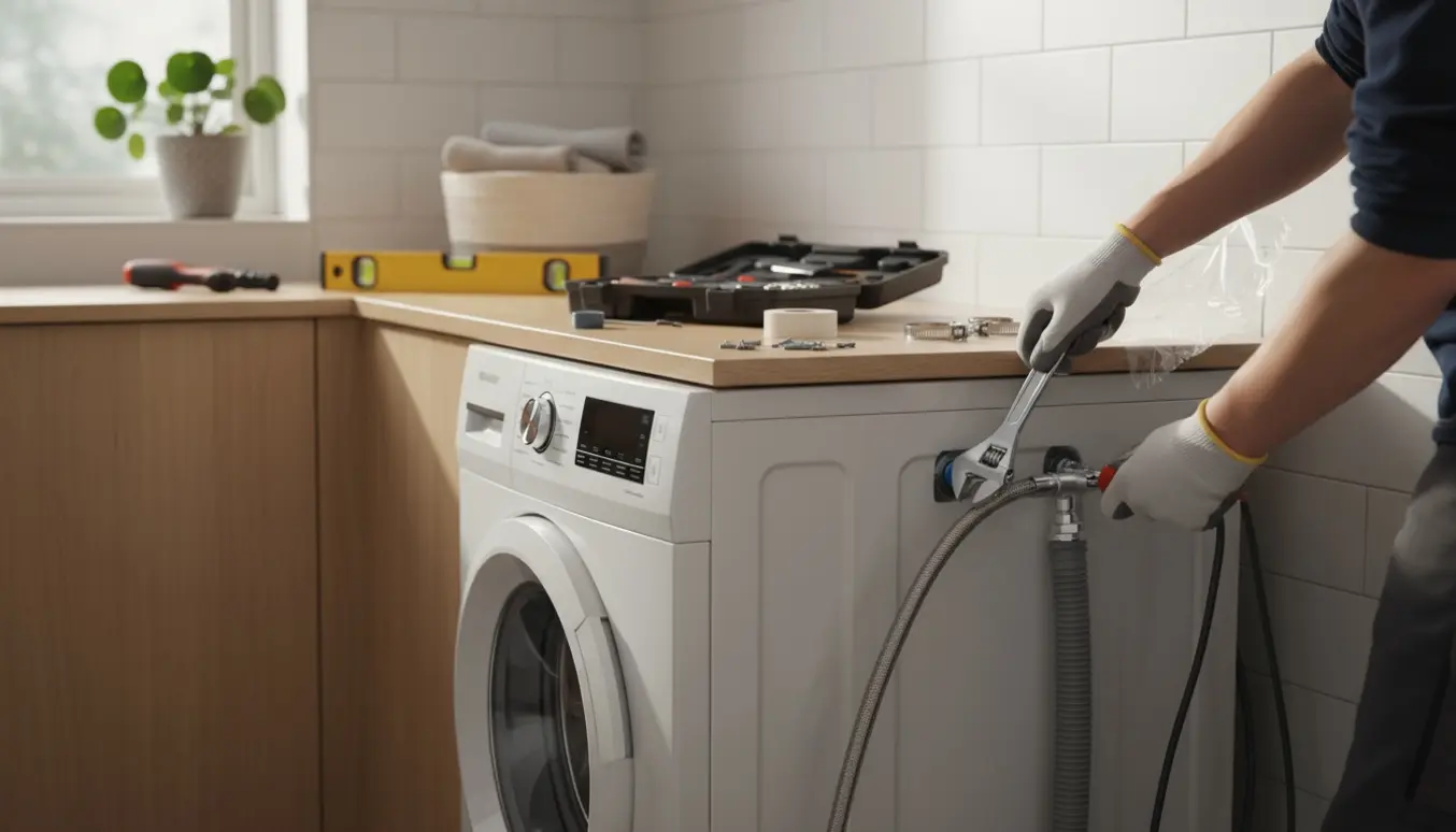 Tekniker monterer en vaskemaskine i et lyst, moderne vaskerum i Kolding.