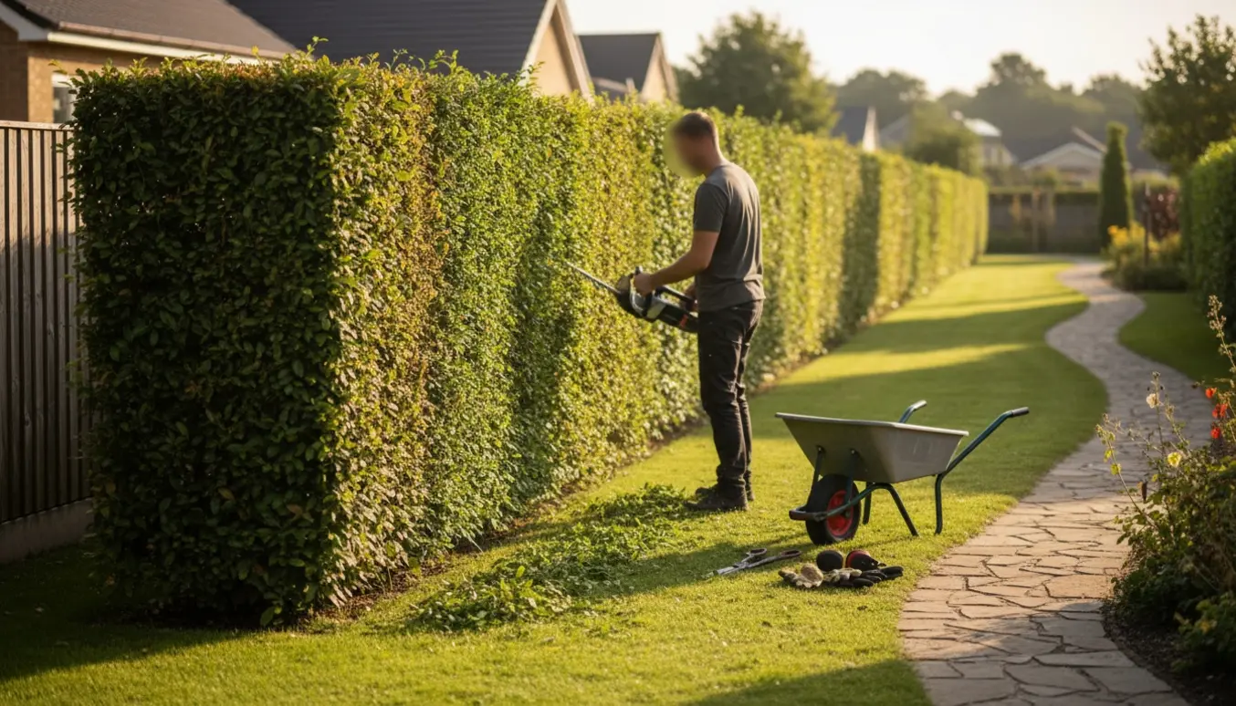 En person trimmer en lang, to meter høj hæk med en elektrisk hækkeklipper, og friske afklip på græsset.