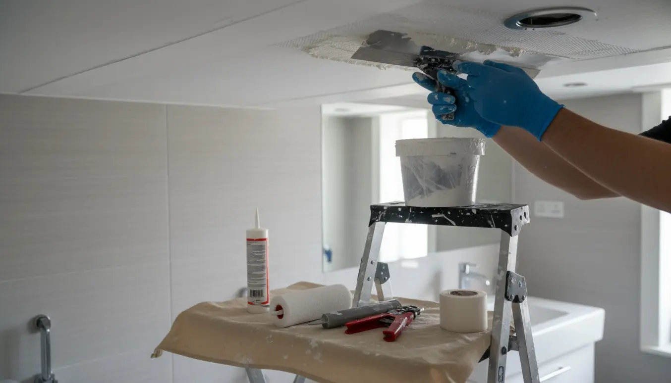 Nærbillede af spartling og filtning af et badeværelsesloft med værktøj på en stige.