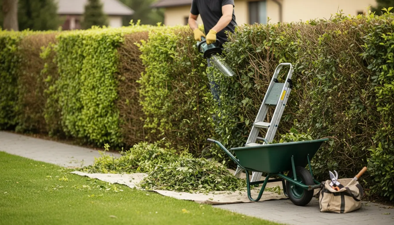 Hæk under klipning i have med nyslået grønt affald i trillebør og værktøj ved siden af.
