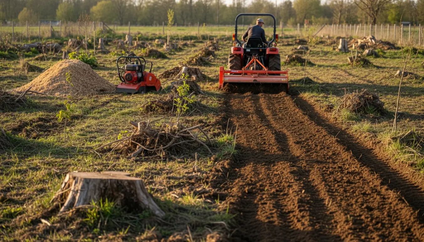 Stor vild have på ca. 4300 kvm bliver fræset med traktor og fræser, med synlige stubbe og opgravet jord.