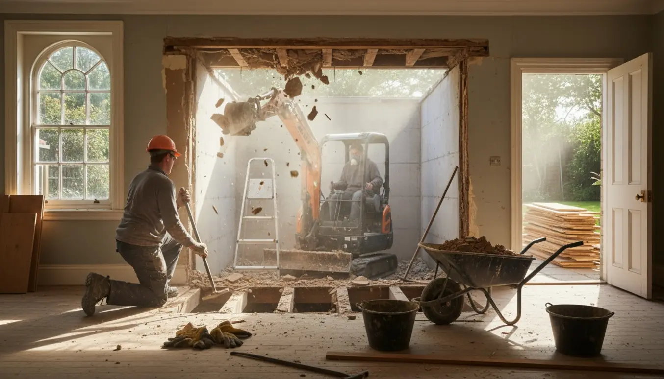 Renoveringsscene med nedbrudt loft over kælder, arbejdere, værktøj og en minigraver.