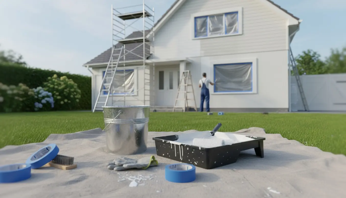 Et hus får andet lag hvid maling med rulle og malerudstyr i forgrunden.