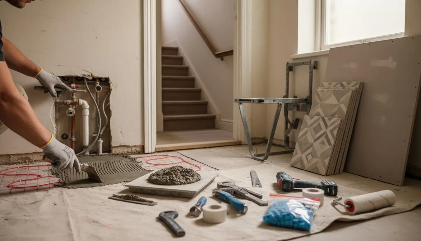 Et lille badeværelse under renovering med håndværkere, synlige rør, gulvvarmemåtter og fliser.