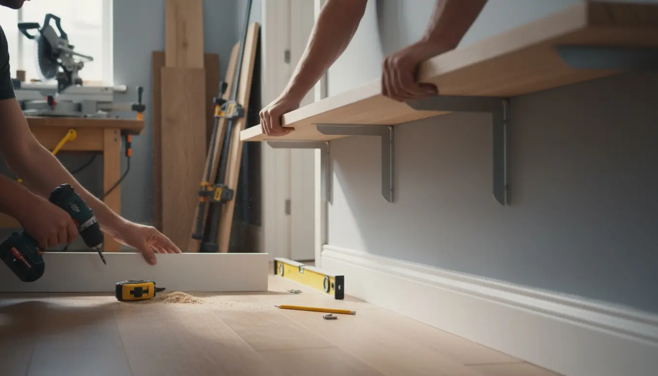Nærbillede af en tømrer, der monterer fodlister, hylder og en bordplade i et lyst hjem, med værktøj og træmaterialer.