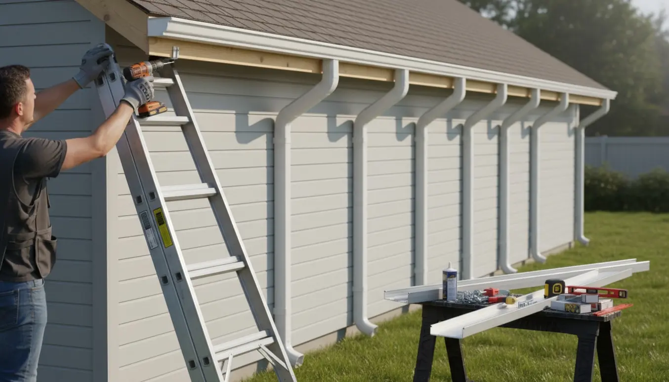 Montering af nye tagrender på et enetagers hus med syv nedløb og værktøj i forgrunden.