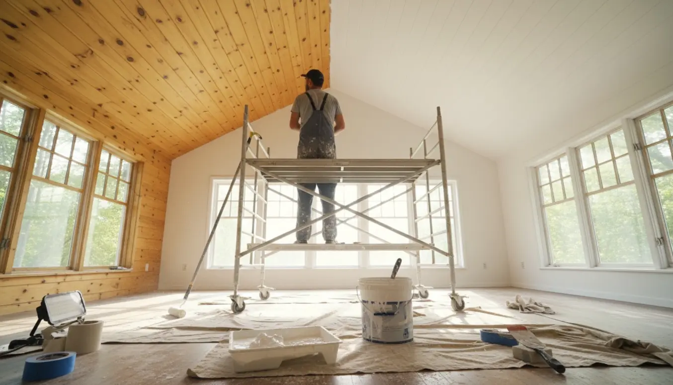 Sommerhusstue med loft til kip delt mellem gulnet træpanel og glat nymalet hvid overflade med stillads og malerværktøj i forgrunden.