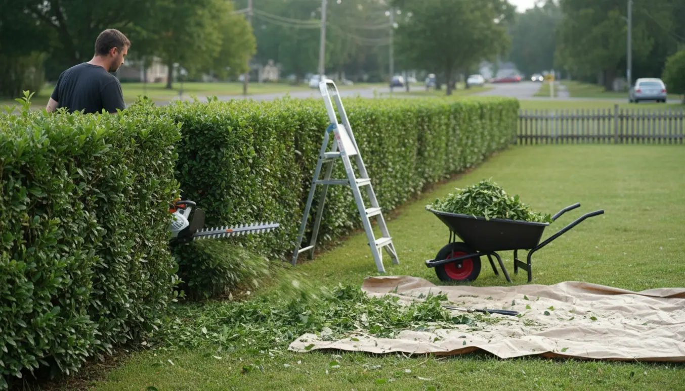 En havearbejder klipper en lang grøn hæk med en elektrisk hækkeklipper, mens afklip samles i en trillebør.