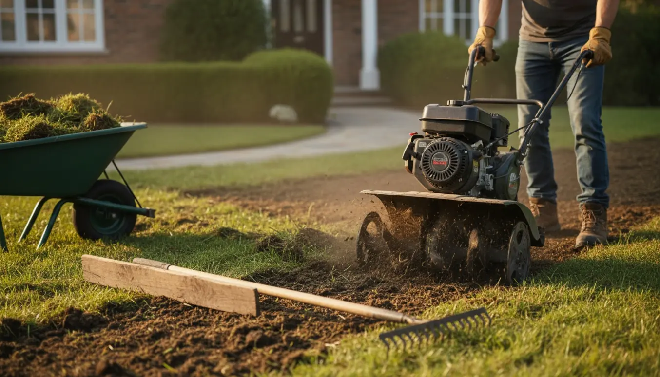 En person fræser forhaven for at løsne og udjævne græsplænen.