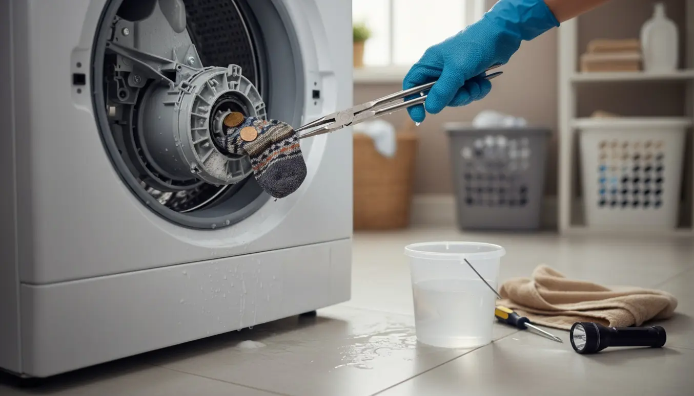 En handskeklædt hånd bruger tænger til at fjerne en fastklemt sok og mønt fra en åben pumpe i en frontbetjent vaskemaskine.
