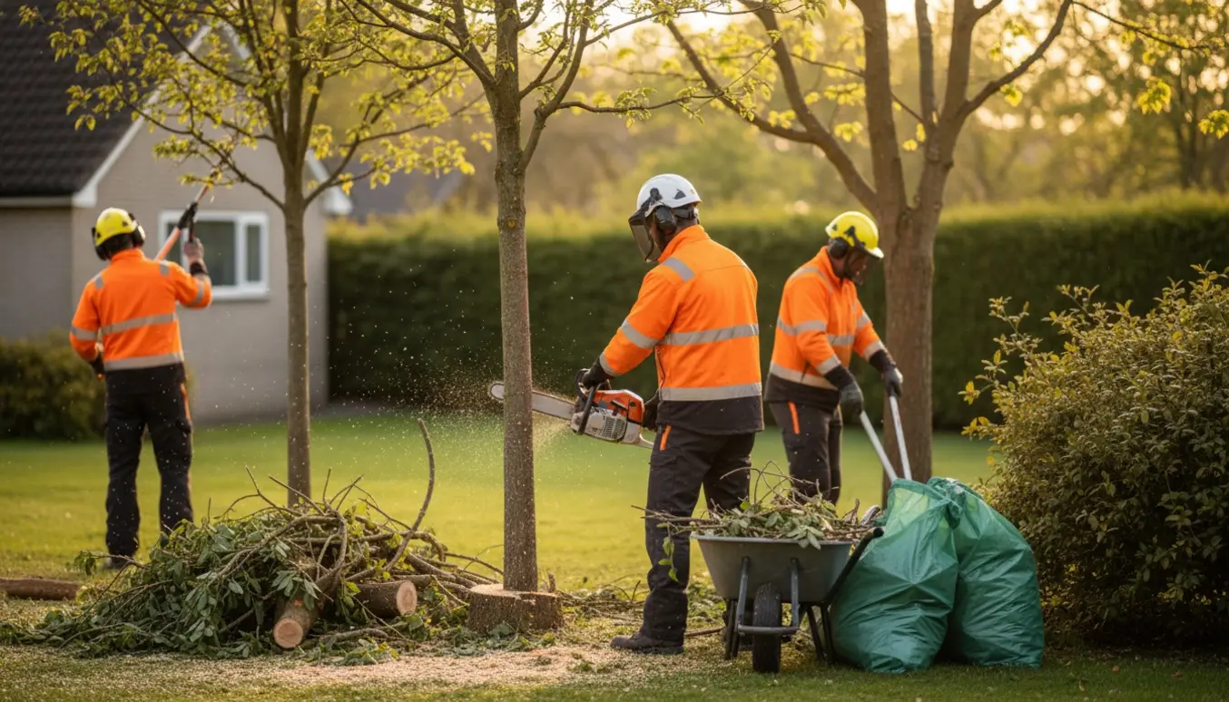 Professionel beskæring af et mellemstort træ med motorsav, beskæringsværktøj og bunke af afskårne grene i en have.