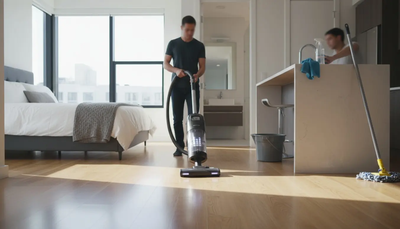 Åben 4-værelses lejlighed under rengøring med en person der støvsuger i forgrunden.