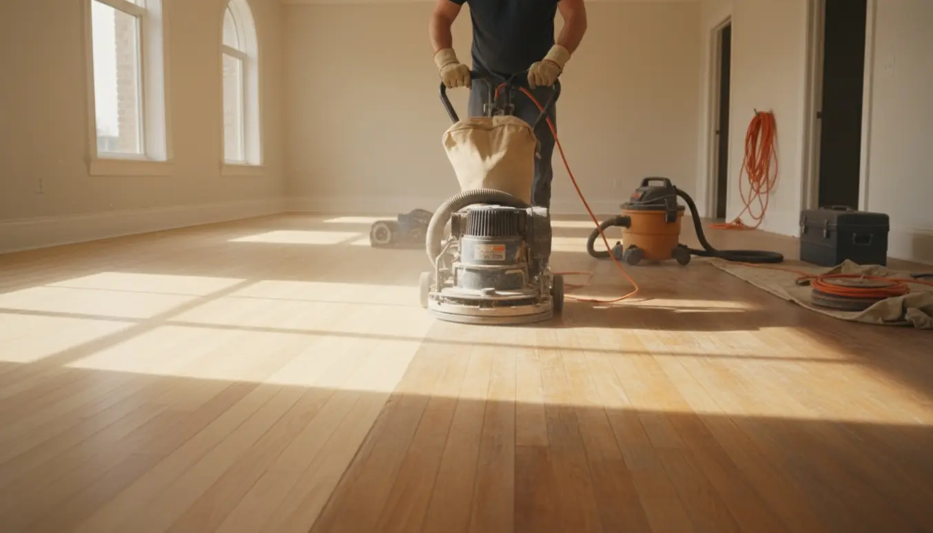 Professionel sliber i et lyst rum sliber et stort trægulv, hvor den ene side er nyslebet og den anden stadig lakeret.
