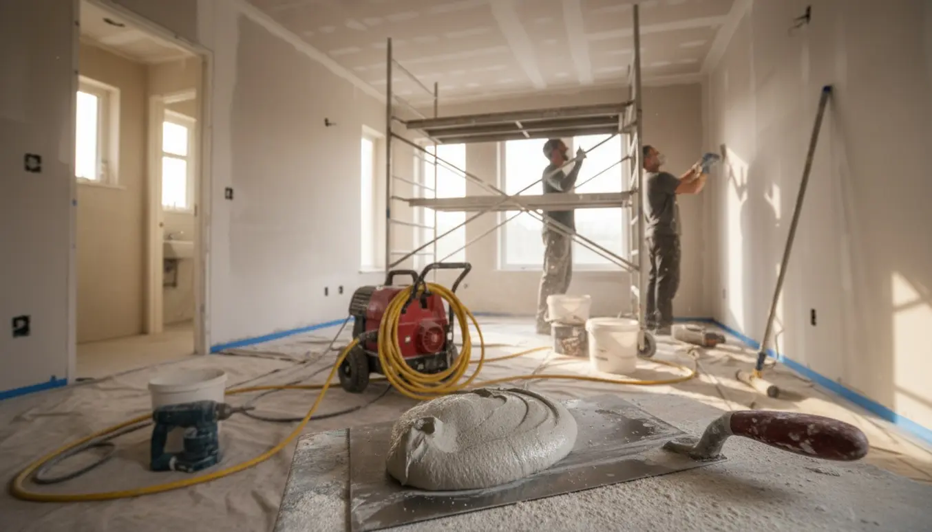 Lyst indvendigt billede af fuldspartling af vægge og lofter med afdækning og værktøj.