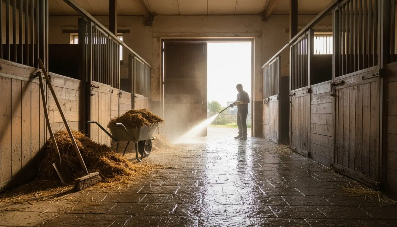 Person tømmer og højtryksrenser hestebokse med trillebør og rive i en solbelyst stald.