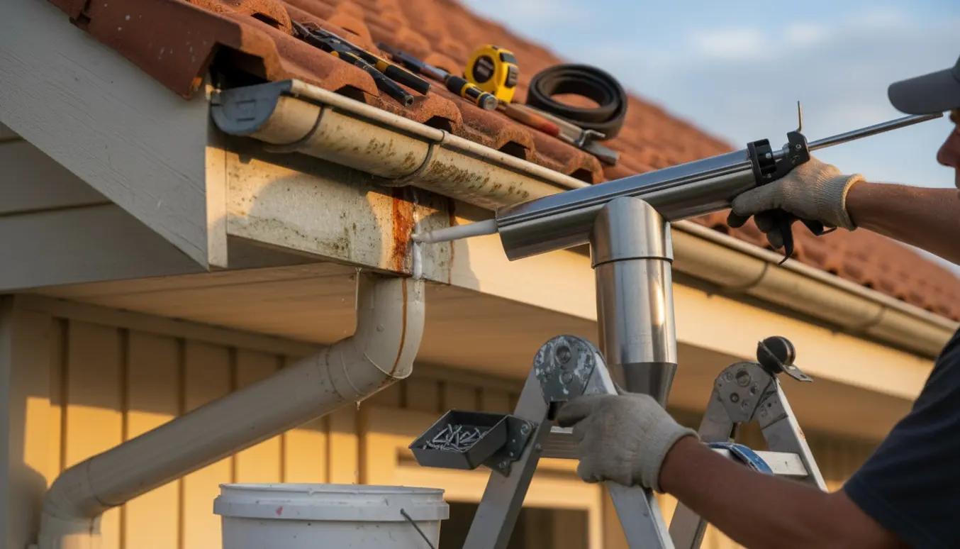 Nærbillede af reparation af utæt tagrendesamling og udskiftning af nedløbsrør med værktøj og hænder i arbejde.