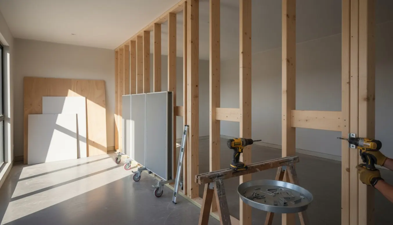 Delvis opført skillevæg med stenderværk, plader og hjulbetjente paneler i et lyst rum.