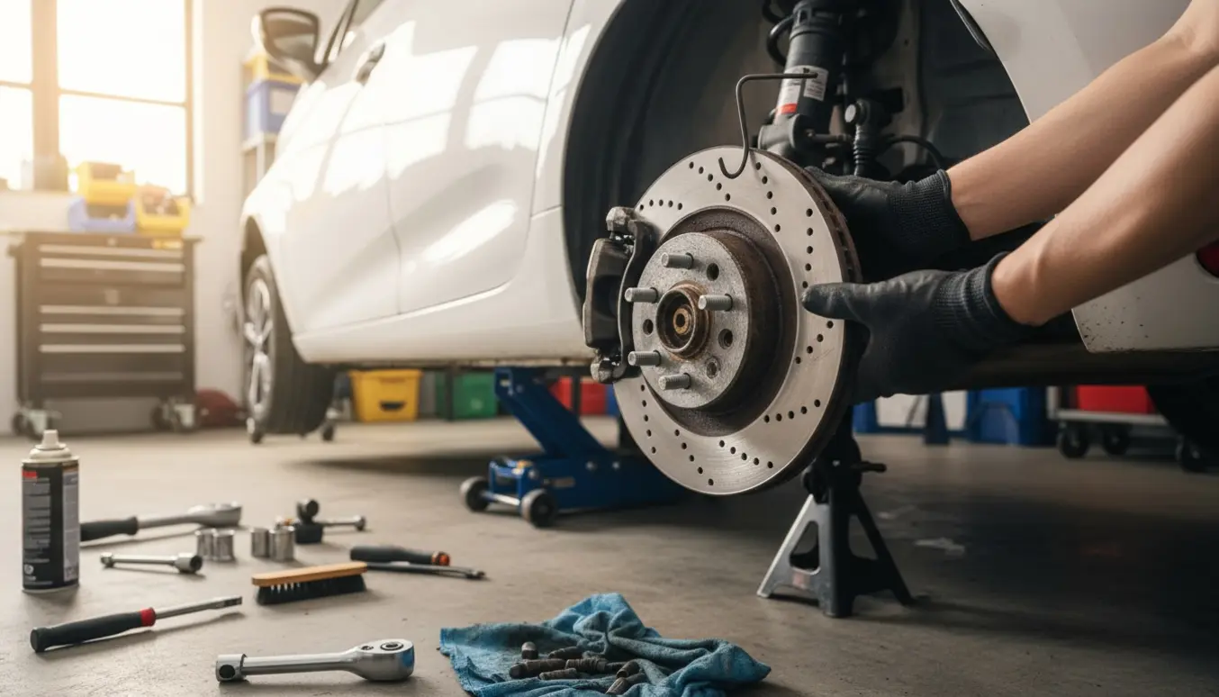 Højre baghjul fjernet på en kompakt elbil med en rusten bremseskive og en ny skive ved siden af, værktøj og donkraft i en garage.