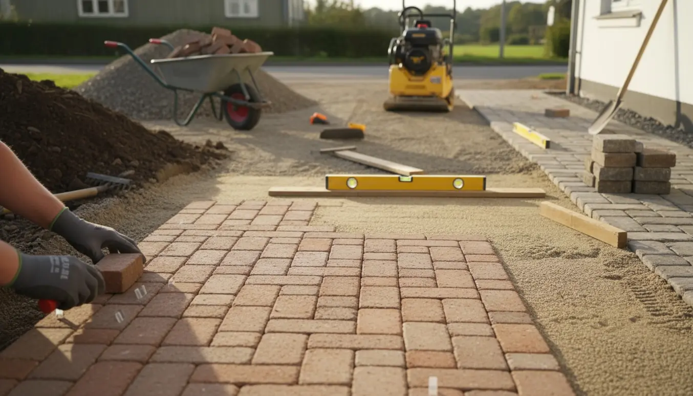 Udeareal under forberedelse og lægning af munkesten med stabilgrus, afrettergrus, værktøj og jordhobe synlige.