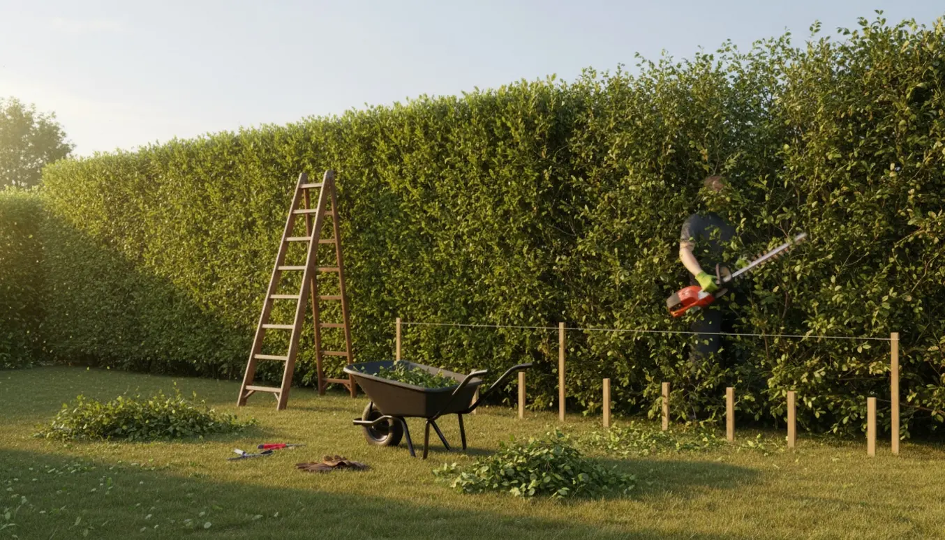 Delvist klippet ligusterhæk langs havelinje med hækkeklipper, stige og trillebør fyldt med afklip.