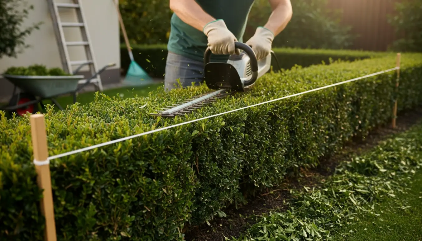Hækkeklipper trimler en hæk til ens højde med afklip lagt i en stribe langs hækfoden.