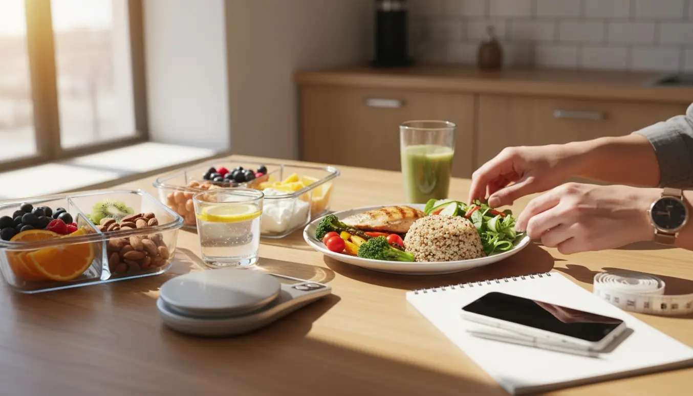 Hænder arrangerer sunde måltider og portionsbokse på et solbelyst bord ved en diætistkonsultation.