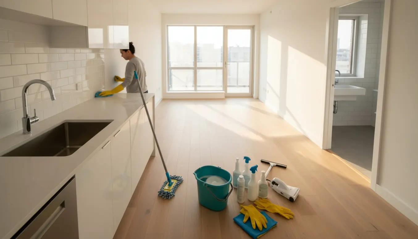 En tom, ny lejlighed i dagslys med rengøringsudstyr og en hånd, der pudser køkkenbordet.
