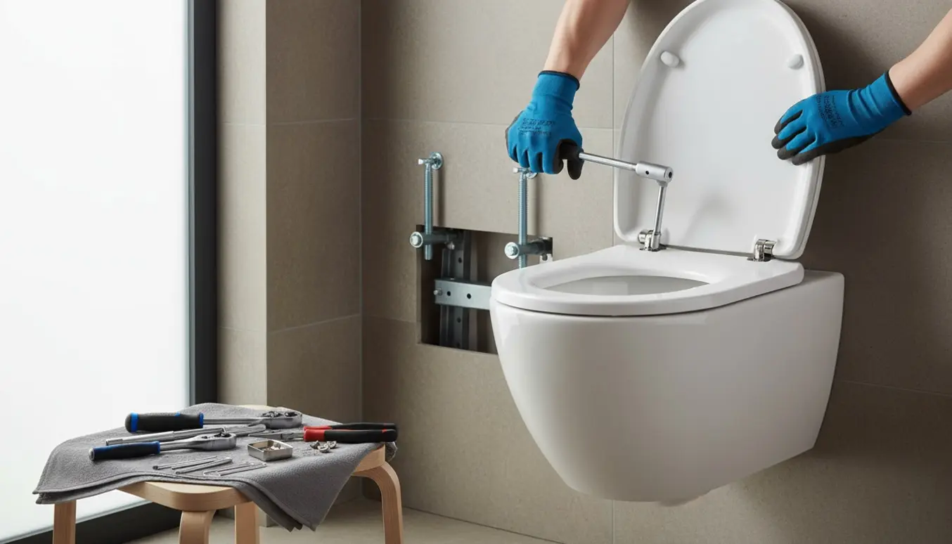 Hænder spænder beslagene på et væghængt toilet og monterer et nyt toiletbræt i et lyst moderne badeværelse.