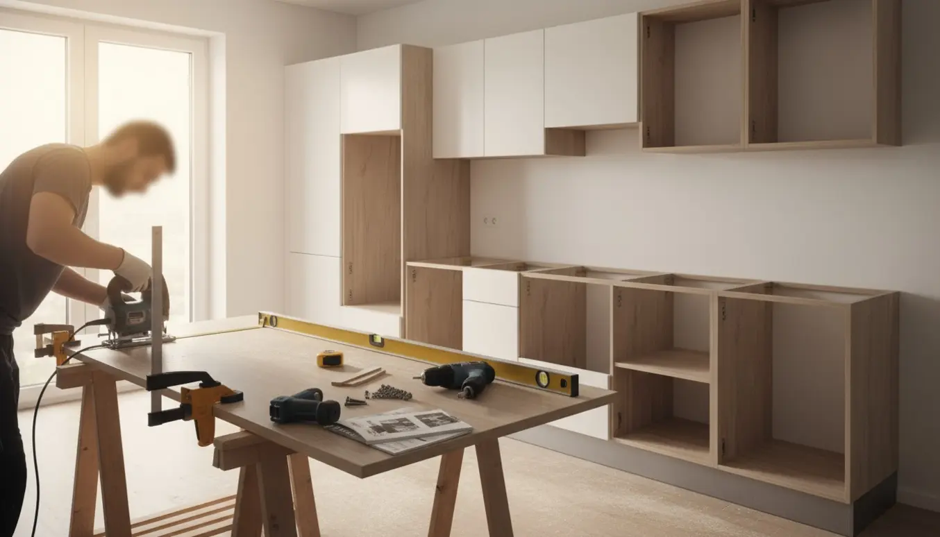 Montør fra ryggen tilpasser og saver bordplade til vask og kogeplade under montering af køkkenskabe.