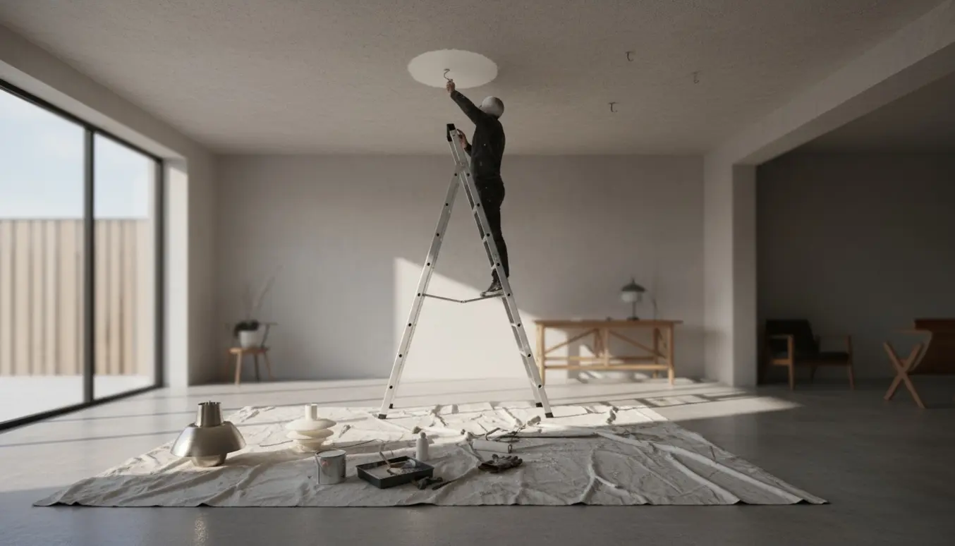 En høj stige mod et lyst loft med to fjernede pendler, malerbøtte og afdækningsdug klar til maling.