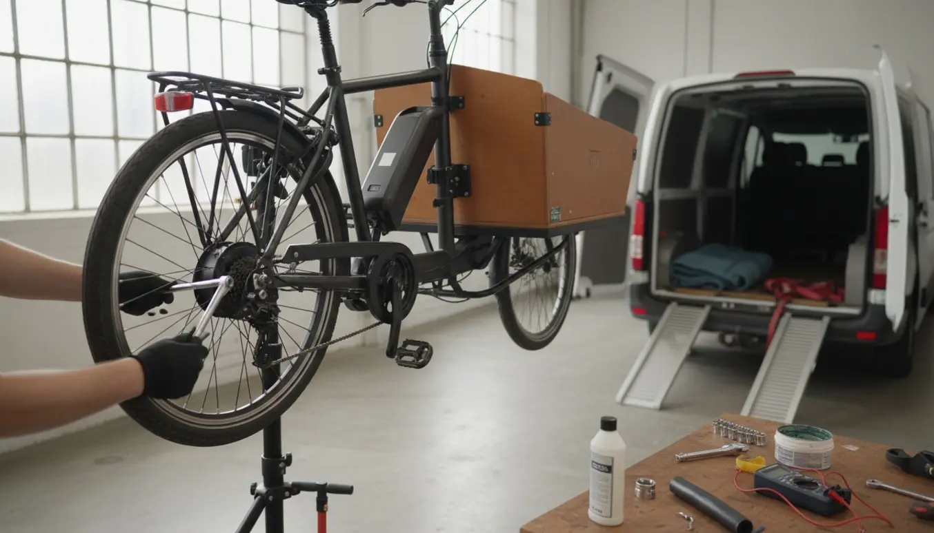 El-ladecykel på værksted med batteri og motor under eftersyn og en varevogn parat til transport.