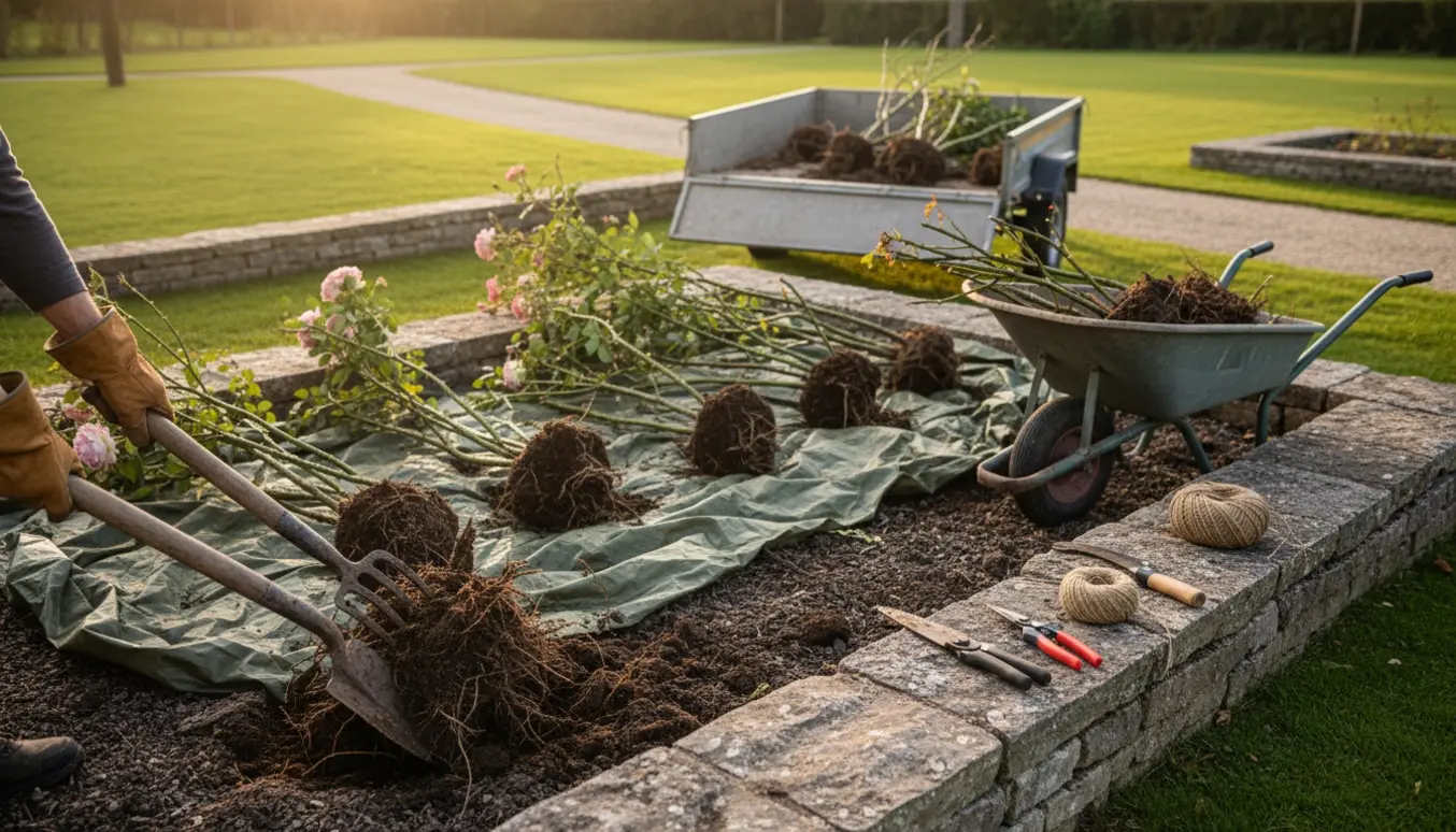 Havearbejde med at fjerne gamle roser fra et velholdt stenbed, redskaber og en trillebør klar til bortkørsel.