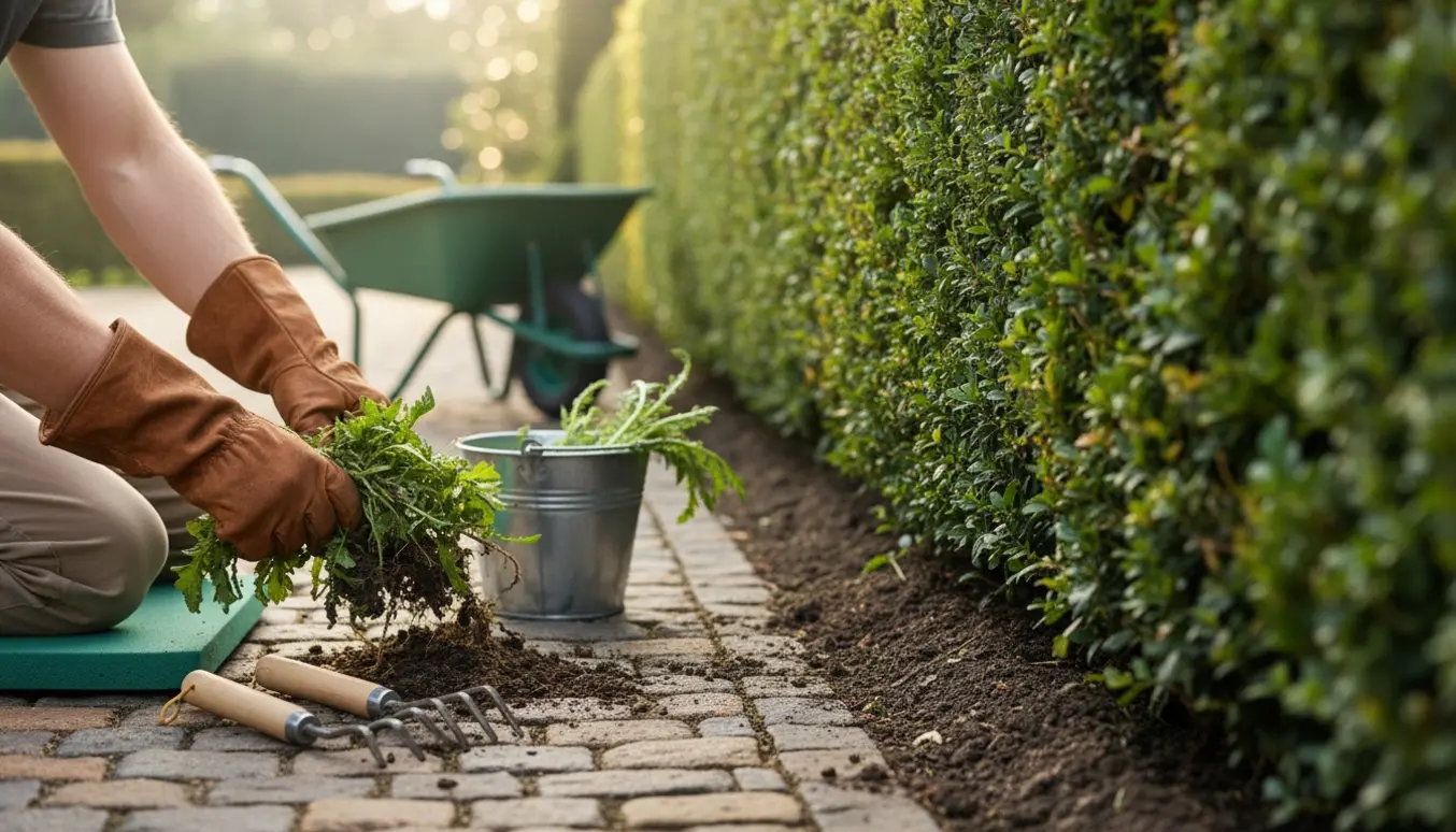 Nærbillede af hækkant med handsker og haveværktøj, hvor ukrudt trækkes op mellem hækken og en sti.
