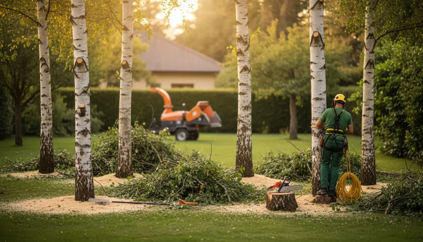 Fire birketræer beskåret til cirka 2,5 meter med afskårne grene og savsmuld på græsset.