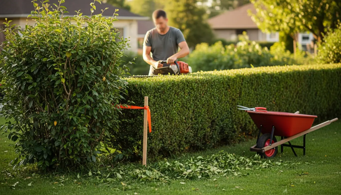 En havearbejder trimmer en lang overgroet hæk ned til en jævn lavere højde med friske afklip på græsset.