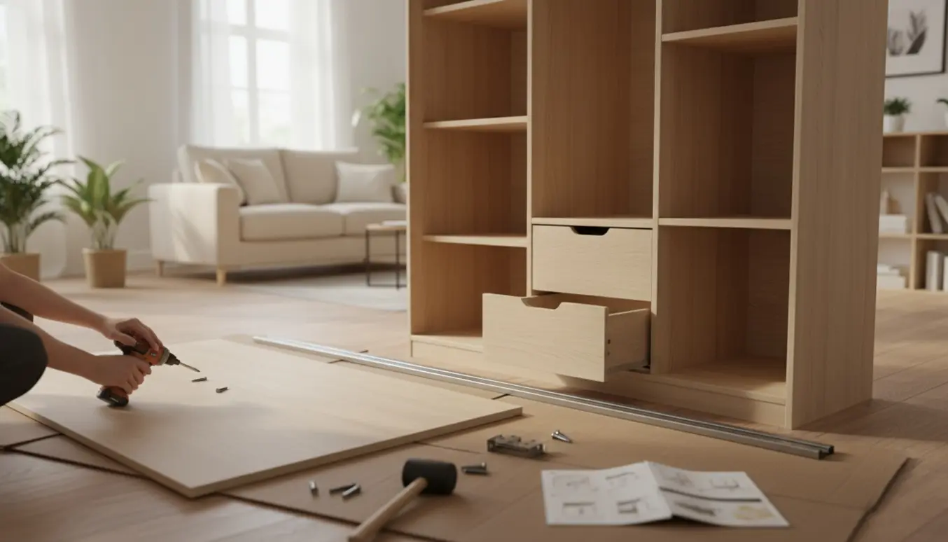 Delvist samlet skab med skydedøre, hylder og en skuffe, hvor hænder monterer beslag på et lyst gulv.