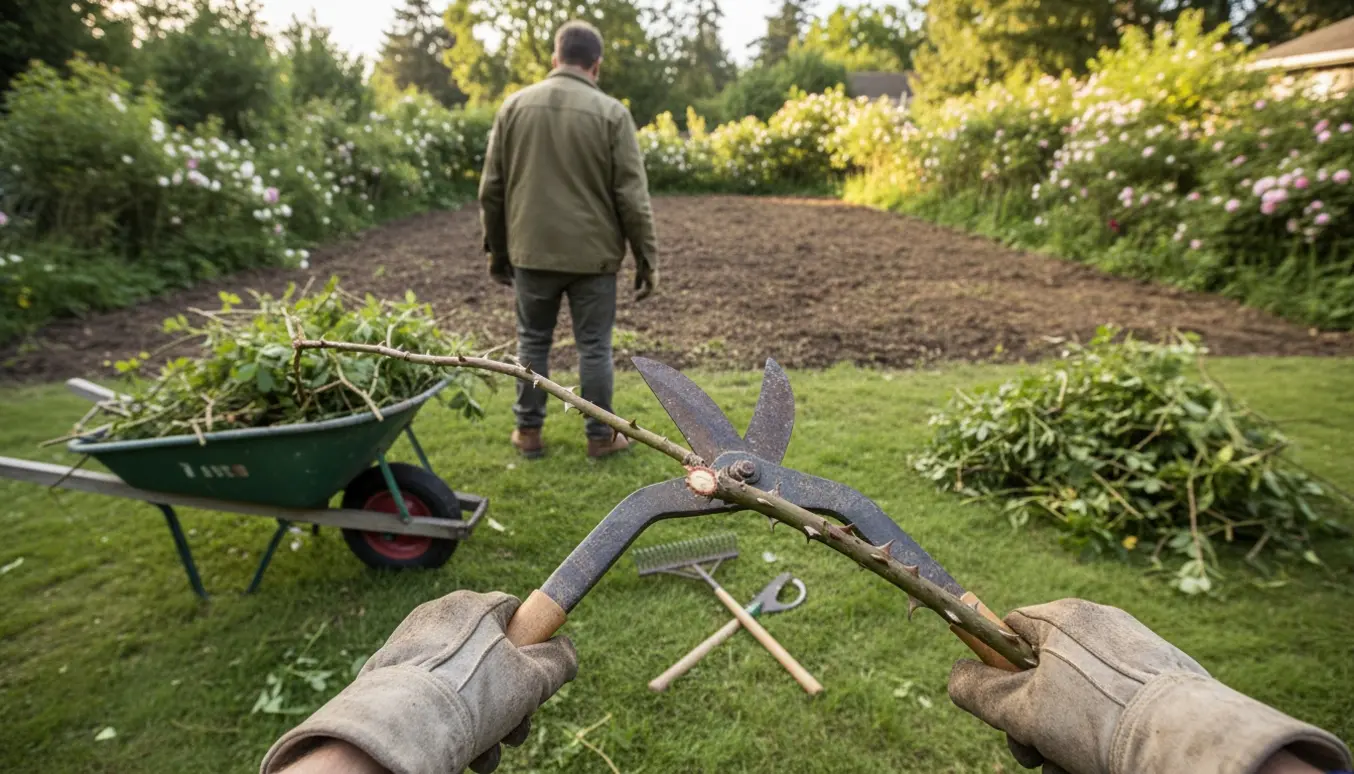 Rydning af mindre buske og vilde roser med beskæresaks, trillebør og en bunke afskårne grene.