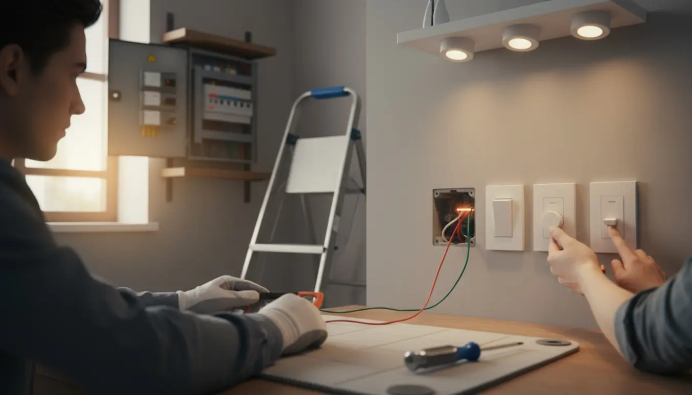 Nærbillede af elektriker, der tester et dødt stik og reparerer tre spots med forskellige tænd/sluk-kontakter.