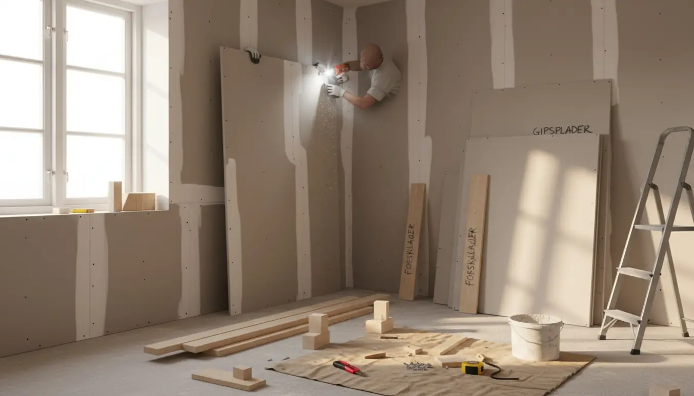 Gipsplader monteres på tre vægge i et værelse med skruemaskine og forskallingsbrædder.