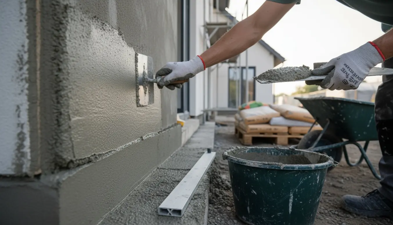 Hænder glatter våd sokkelpuds på nybyggeri med murske og spand i forgrunden.
