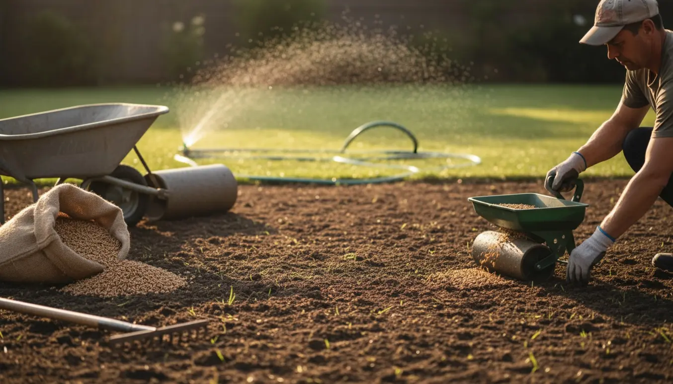 Græssåning på en forberedt plæne med spredespreder, rulle og hænder, der fordeler frø i blødt morgenlys.