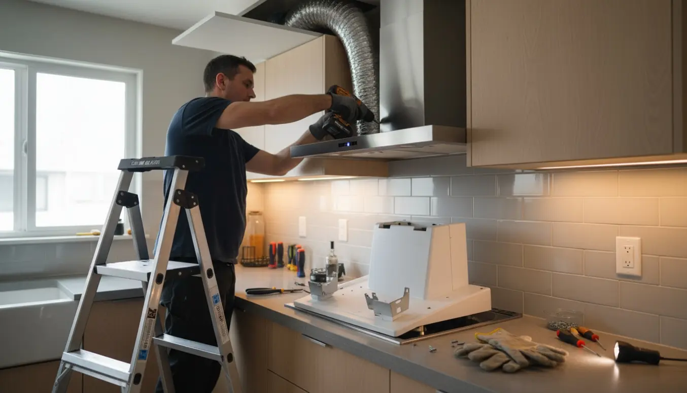 Tekniker monterer en ny rustfri emhætte i et lyst køkken, mens aftrækskanalen føres op gennem en åben loftslem.